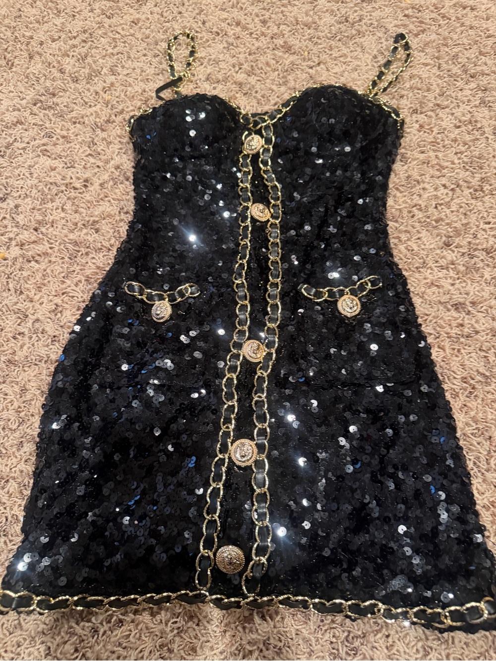 Fashion Nova Black Sequin Mini Dress with Gold Chain Trim